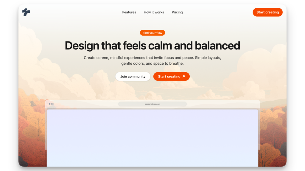 Example hero section using an autumn valley background with a light overlay; large headline and subtext centered with ‘Join community’ and ‘Start creating’ buttons above a browser mockup
