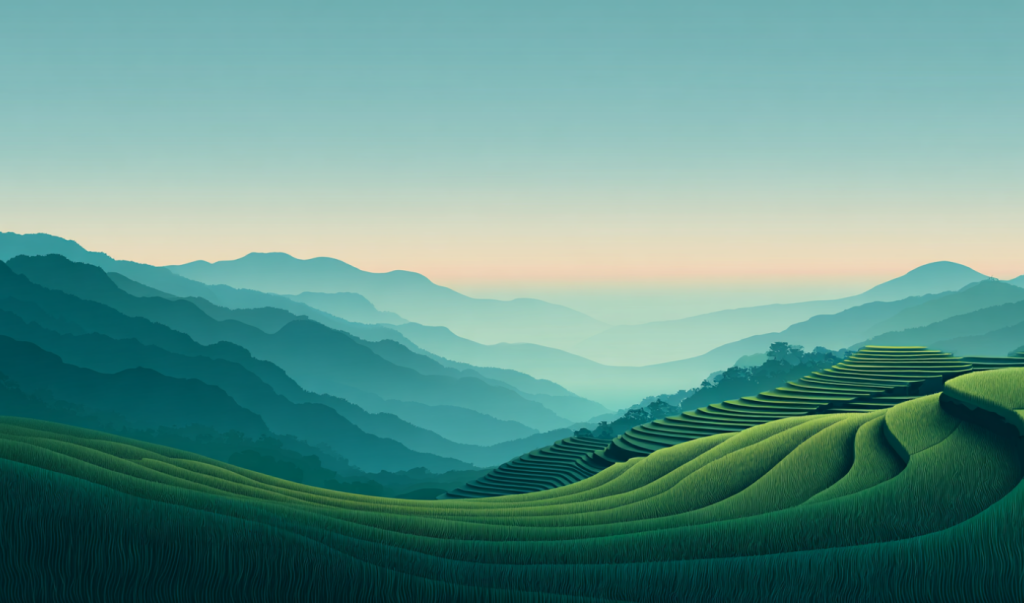 Wide hero background showing green rice terraces confined to the bottom quarter with light mist. Wide hero background showing green rice terraces confined to the bottom quarter with light mist at the horizon and a large open pastel sky; center area intentionally empty for headline and UI text