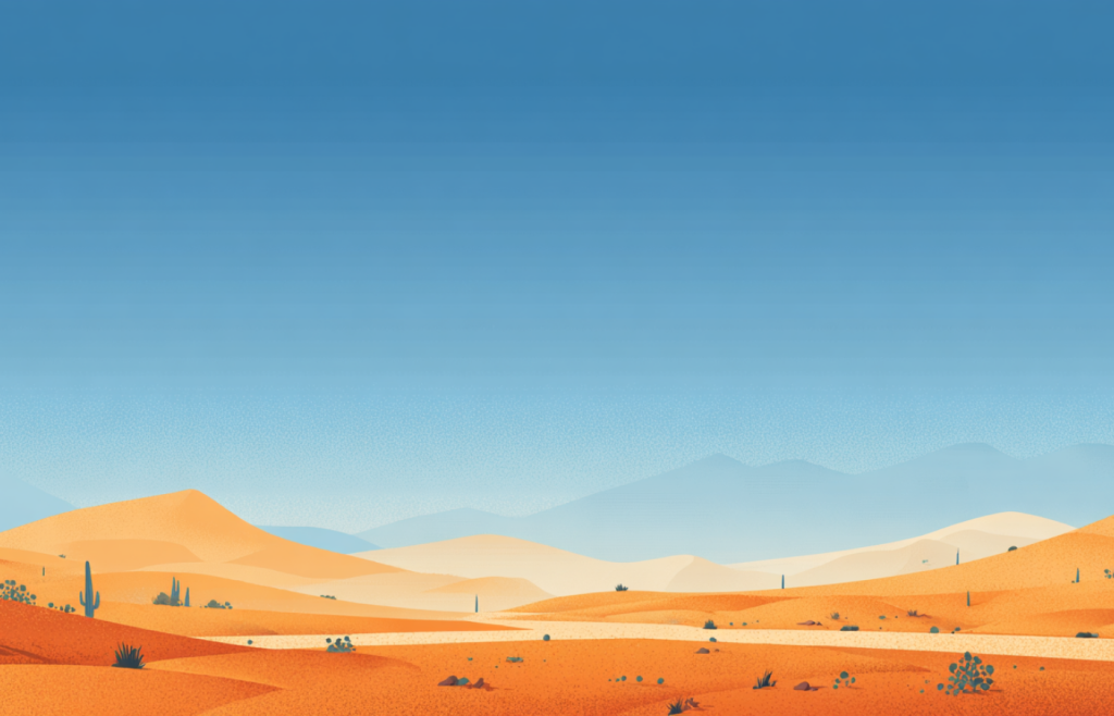 Wide hero illustration of smooth orange desert dunes with a simple road and a few cacti kept to the bottom quarter, very low horizon, and a large pale-blue sky left empty for headline and UI text. Orange Desert Dunes - Open Sky Hero Background