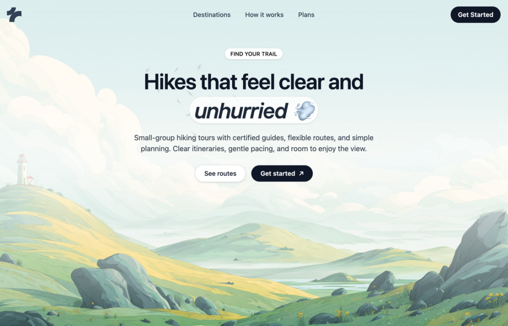 Landing Page Hero Using Lighthouse Hills Background Landing page hero with large headline over a soft hills-and-lighthouse background, short subtext, and two buttons centered under a small ‘Find your focus’ badge