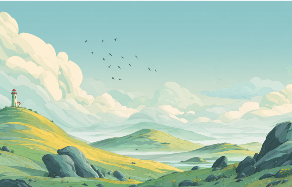 Wide illustration of rolling green and yellow hills with scattered rocks and a tiny lighthouse on a distant rise; landscape limited to the bottom quarter with a large pastel sky and clear center for headline and UI text Lighthouse Hills - Open Sky Hero Background