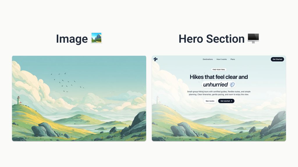 hero with gentle green-yellow rolling hills and rocks held to the lower 25%, a tiny distant lighthouse, and a soft blue sky with clouds and birds, leaving a clean center for overlay text