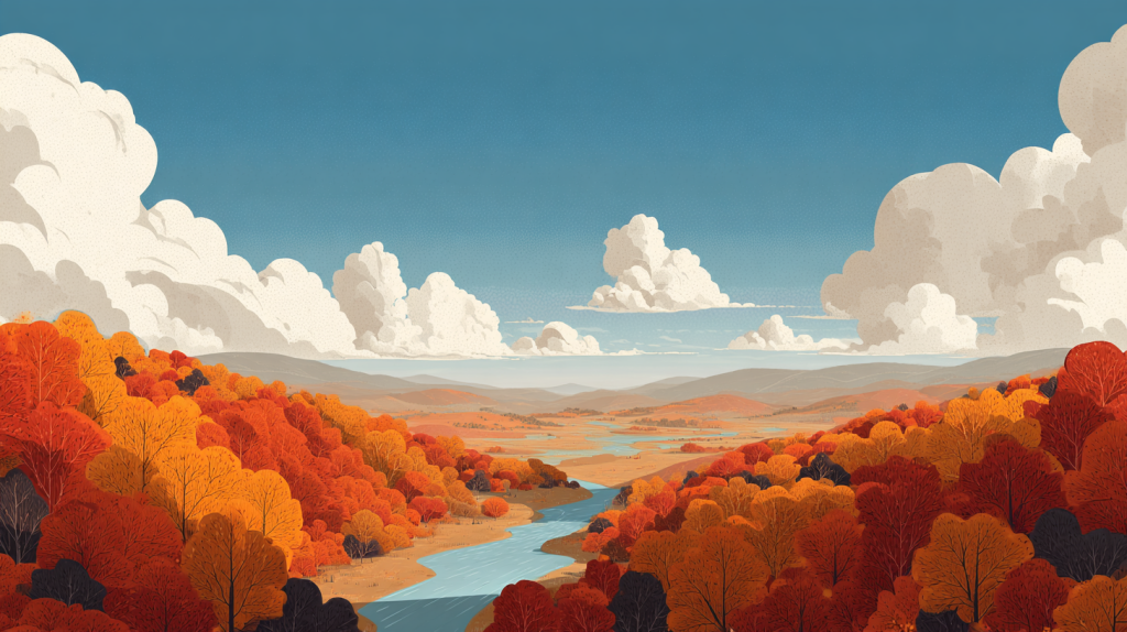 Autumn valley illustration with orange and red trees Autumn valley illustration with orange and red trees confined to the bottom quarter, a narrow river leading to a low horizon, and a large clear sky; center left open for headline and UI text.