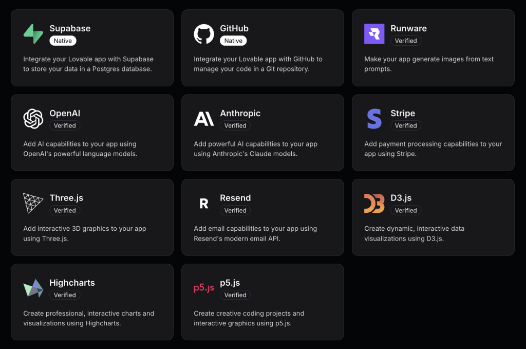 Lovable integrations lovable.dev integrations