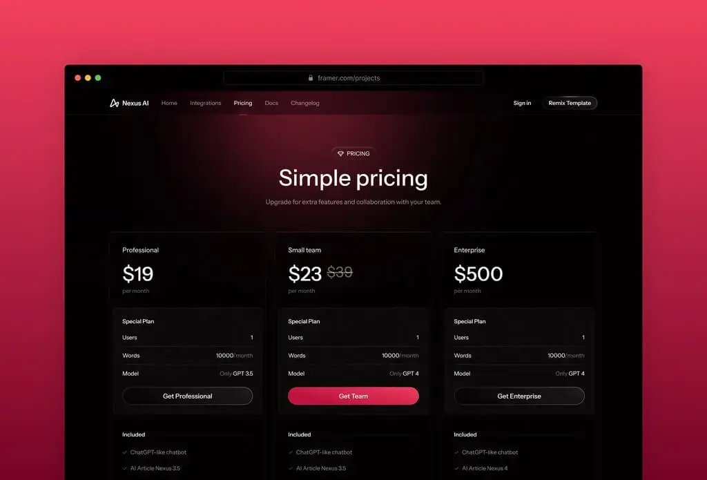 Nexus AI Nuxt Template - Pricing Section