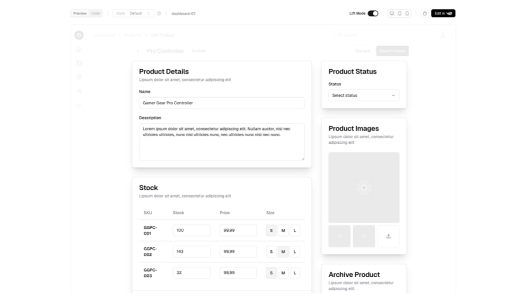 shadcn/ui blocks with Lift Mode