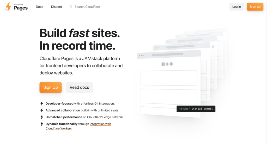 Cloudflare homepage hero showing Pages and Workers features
