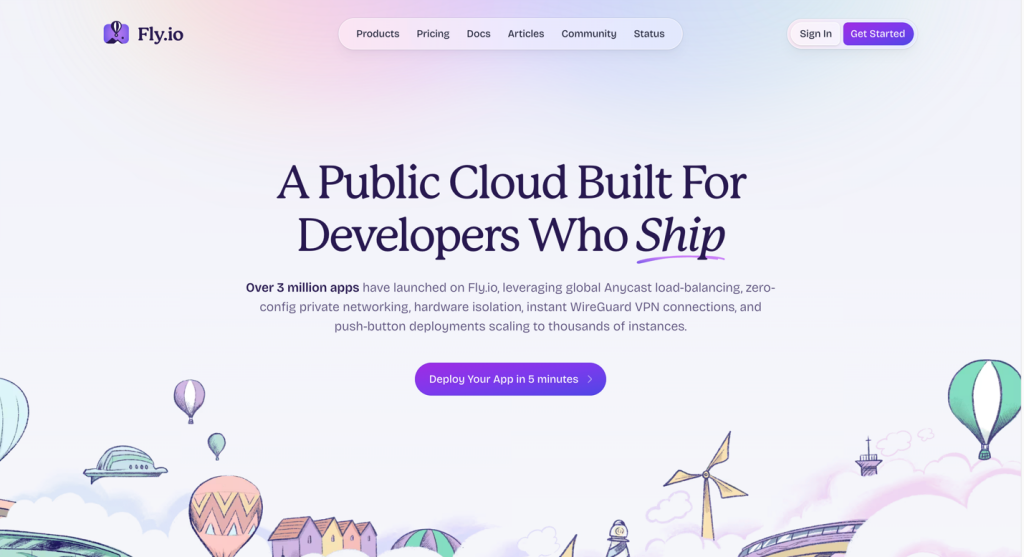 Fly.io hero section - A Public Cloud Built For Developers Who Ship